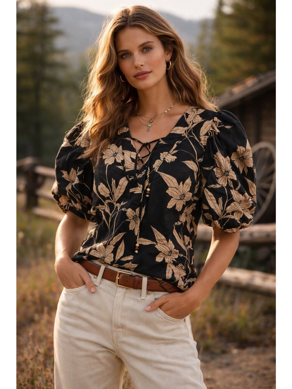 Ralph Lauren 100% Linen puff sleeve floral black beige tie front blouse top sz M